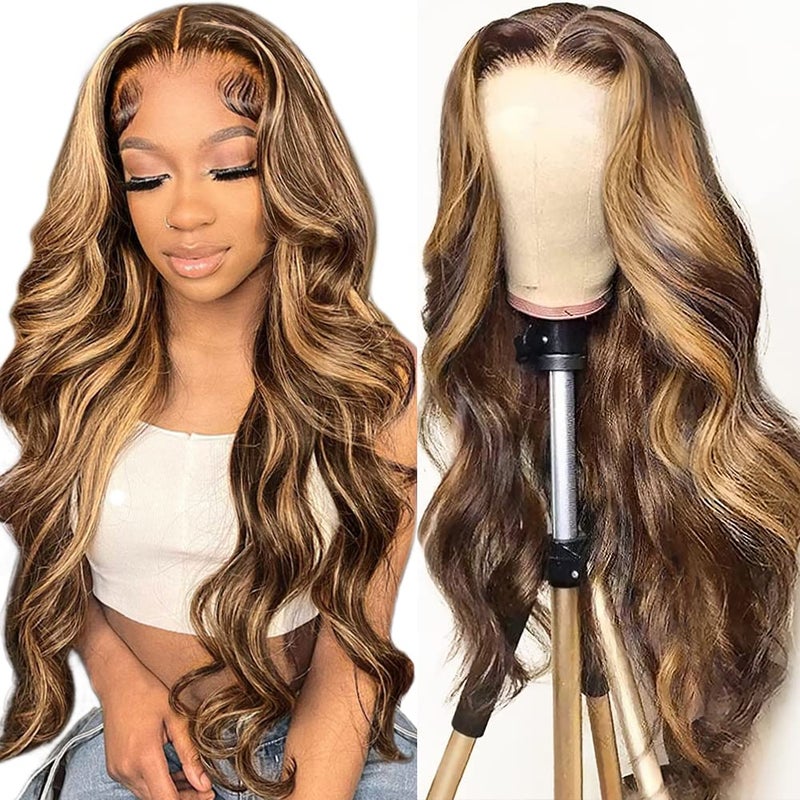 Hedy Highlight Wig Human Hair Wigs for Black Women Pre Plucked with Baby Hair 427 Glueless Body Wave Ombre Highlight 4x4 Lace Front Wigs Human Hair Colored 150 Density20 Inch